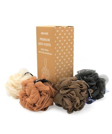 Premium Bath Puffs Made from 100% Recycled Materials | Pack of 4 Super Soft Large Exfoliating Puffs | Long-Lasting Durable & Recyclable (Neutral Tones)
