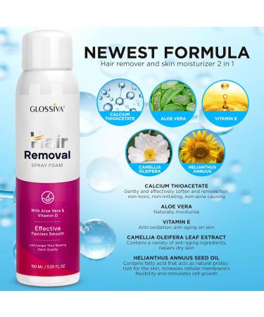 Glossiva Hair Removal Foam Spray - Effective & Painless Hair Remover for Men & Women - Plant Extract Ingredients - Non-Irritant Formula (2 Pack) - Buy Online on GoSupps.com
