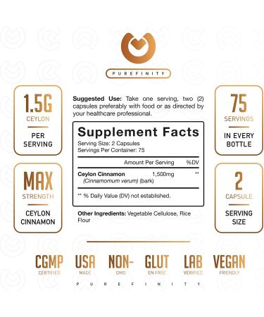 Purefinity Ceylon Cinnamon Capsules - 1500mg Pure Sri Lankan Cinnamon for Joint Health & Antioxidant Support - 150 Vegan Capsules - Buy Online on GoSupps.com