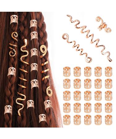 Spiral Dreadlocks Hair Beads Metal Hair Cuffs Hair Braid Rings Clip Pendants Long Hair Cuffs Braiding Decoration For Gril Women Men Hip Hop Party Music Festival (Rose Gold)