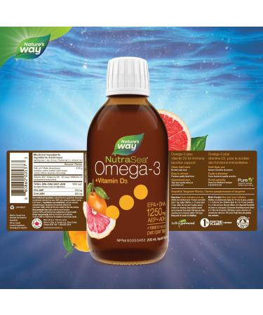 Nature's Way NutraSea Omega-3 and Vitamin D Supplement - Fish Oil with 1250mg EPA and DHA 1000 IU Vitamin D3 Support Healthy Heart and Brain Help Build Strong Bones and Teeth & Help Support Immune System - Grapefruit Tangerine Flavour 200 mL Liquid - Buy Online on GoSupps.com