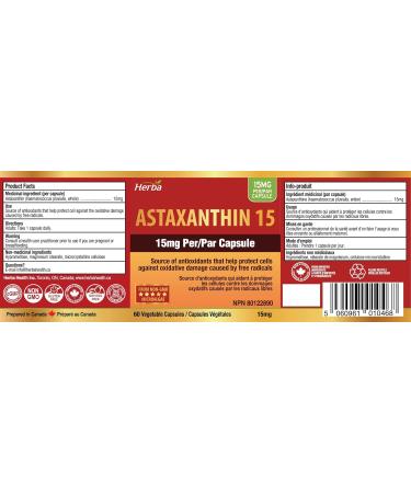 Herba Astaxanthin Supplement 15mg 60 Vegetable Capsules | Made with Non-GMO Micro-algae | Source of Antioxidant | Made and Third Party Tested in Canada - Buy Online on GoSupps.com