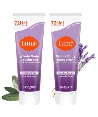 Lume Whole Body Deodorant - Invisible Cream Tube - 72 Hour Odor Control - Aluminum Free Baking Soda Free Skin Safe - 3.0 ounce (Pack of 2) (Lavender Sage) Lavender Sage 3 Ounce (Pack of 2)