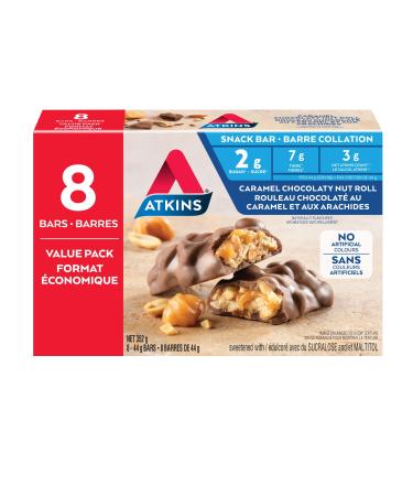 Atkins Snack Bars - Caramel Chocolaty Nut Roll Low Sugar Keto Friendly High Fibre 2g Sugar 3g Carbs 8ct Caramel Nut Roll Value Pack
