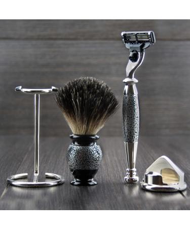 4Pc Men's Shaving Kit - 3 Edge Razor Black Badger Hair Brush Cone Stand - Perfect Gift for Men - Buy Online on GoSupps.com