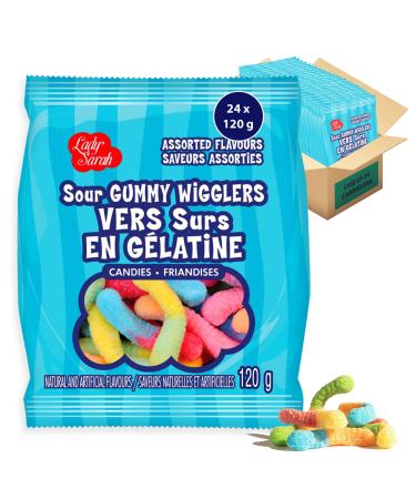 Gummy Candy Bag - Sour Gummy Worms Bulk Candy| Smart Choice from Lady Sarah Variety Sweets - Canada's Top Gummies Candy - 2.4 Kg (24 Sour Candy Bags x 120g) Sour Gummy Wigglers 2.8kg (24 x 120g)