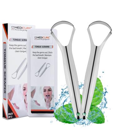 Tongue Scraper (2 Pack) Reduce Bad Breath (Medical Grade) Stainless Steel Tongue Cleaners 100% Metal Tongue Scrapers Fresher Breath in Seconds