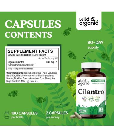 Wild & Organic Cilantro Capsules 800 mg - Detox & Antioxidant Support - Dried Cilantro Supplement - Coriander Leaf Extract - Vegan No Fillers Non-GMO - 180 Count 180 Count (Pack of 1) - Buy Online on GoSupps.com