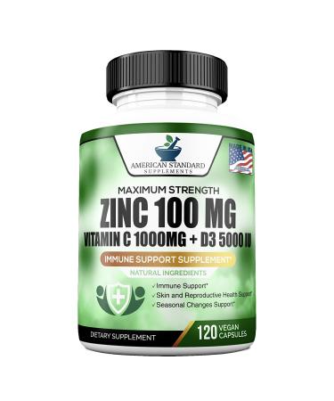 Zinc 100mg Vitamin C 1000mg Vitamin D 5000IU per Serving Immune Support for Adults Immune System Booster Supplements Non GMO No Filler No Stearate 120 Vegan Capsules 60 Day Supply