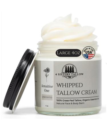 100% Grass Fed Beef Tallow For Face & Skin - All Natural Tallow Face Cream - Whipped Moisturizer Lotion - Made in USA - 100% Organic Essential Oils - Lrg 4 Fl Oz - For Sensitive Skin - (Unscented) Unscented 4 Fl Oz (Pack of