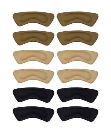 6 Pairs Heel Cushion Pads Heel Shoe Grips Liner Self-Adhesive Shoe Insoles Foot Care Protector (Multicolor) Brown, Khaki, Black