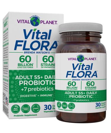 Vital Planet - Vital Flora Adults Over 50 Daily Probiotic 60 Billion CFU 60 Diverse Strains 7 Organic Prebiotics Immune Support Gas Digestive Health Probiotics for Women and Men 30 Capsules