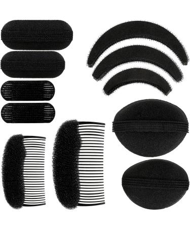 WILLBOND 11 Pieces Sponge Volume Hair Bases Set Bump it Up Inserts Hair Styling Tools Bump Up Combs Clips Sponge Hair Bun Updo Accessories for Women Girl DIY Hairstyles (Black)