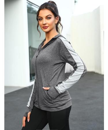Wayleb Women's Long Sleeve Running Jacket - Breathable Hooded Sports Jacket with Thumb Holes & Bag for Yoga & Fitness - Dark Gray - Buy Online on GoSupps.com