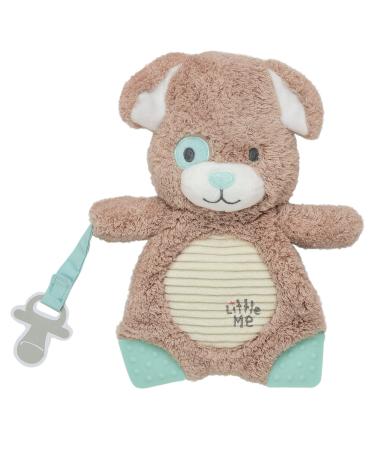 Large 9 inch Plush Toy with Two Silicone Teethers and Pacifier Holder Strap (Little Me Puppy  Tan)