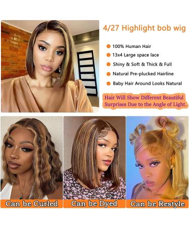 SKYDO Highlight Ombre Bob Wig Human Hair 4/27 Honey Blonde Lace Front Wig 10 Pre Plucked 150% Density for Black Women - Buy Online on GoSupps.com