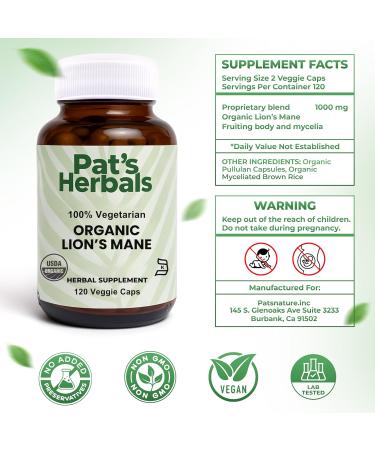 Pat's Herbals Organic Lion s Mane Capsules | 120 Count | 1000 mg Pure Lion s Mane | Vegan & Non-GMO - Buy Online on GoSupps.com
