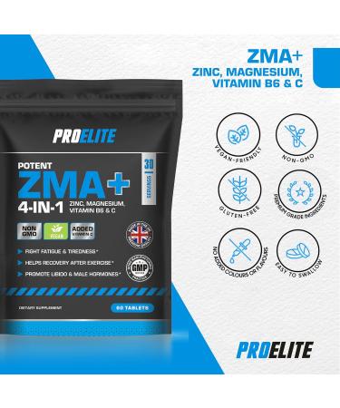 ZMA 120 Tablets - ZMA + Supplements for Men & Women - Zinc Magnesium Vitamin B6 & C Tablets - Testosterone Booster - Muscle Recovery - Sleep Aid Support - Gluten-Free Vegan UK-Made by PRO-ELITE - Buy Online on GoSupps.com