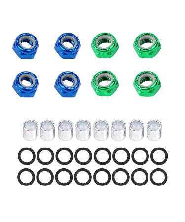 IMPORX 8 Pieces Skateboard Truck Color Nuts and 16 Pieces Skateboard Truck Axle Washers and 8pcs Precision Spacers for Longboards and Skateboard Hardware Kit Green and Blue nuts