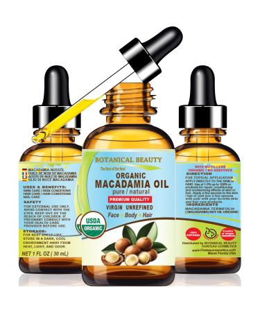 Botanical Beauty Organic MACADAMIA OIL 100% Pure Natural VIRGIN UNREFINED Cold-Pressed Carrier Oil for Face Skin Body Hair Lip Nails. Rich in Vitamin E (1 Fl Oz) 1 Fl Oz (Pack of 1)
