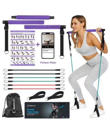 Goocrun Portable Pilates Bar Kit with Resistance Bands for Men and Women - 6 Exercise Resistance Bands (15, 20, 30 LB) - Home Gym Equipment - Supports Full-Body Workouts  with Video Purple