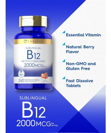 Carlyle B12 Vitamin 2000 mcg | 240 Fast Dissolve Tablets | Sublingual Methylcobalamin | Berry Flavor | Vegetarian Non-GMO & Gluten Free Supplement - Buy Online on GoSupps.com