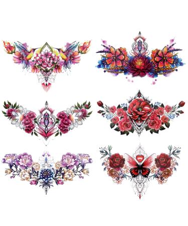 Konsait Colorful Chest Temporary Tattoos for Women Girls Large Adult Temporary Tattoos Rose Flower Jewel Fake Tattoos for Women Sexy Tattoos Last Long Realistic Body Tattoos on Chest Back Tummy