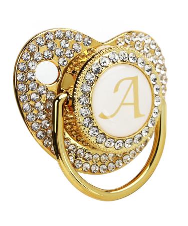 Baby bling pacifier personalized golden pacifier clip Letter curved pacifier with dust protection envelope 26 letters baby pacifier clip for 6 to 18 months baby (letter a)