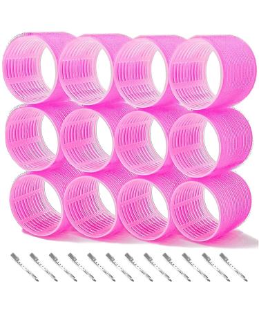 24 Pcs Hair Rollers Set Hair Curlers With 12 Pcs 64MM Self Grip Jumbo Hair Rollers & 12Pcs Duckbill Clip Salon DIY Hairdressing Curlers Hair Curlers Rollers Tools for Long Medium Short Hair 64MM-Rose Red