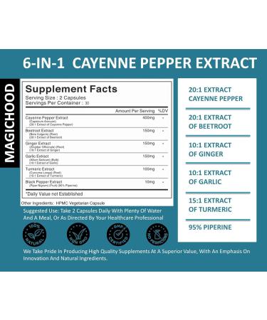MAGICHOOD Cayenne Pepper Complex 960mg Super Extract with Ginger Garlic Turmeric Beet Root Black Pepper 60 Capsules All Natural Supplement for Boosting Stamina - Buy Online on GoSupps.com