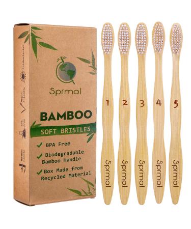 Sprmal 5pcs Bamboo Toothbrushes Natural Organic Biodegradable and Vegan Bamboo Soft BPA Free Nylon Bristles for Sensitive Gums
