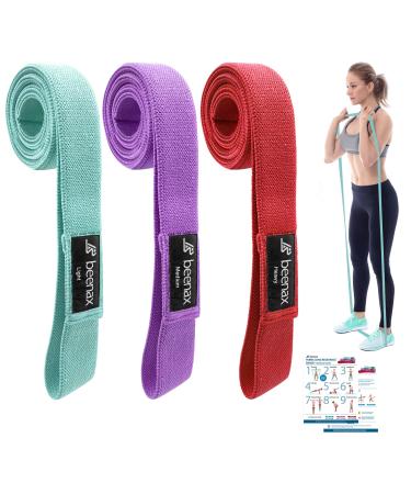 Beenax Fabric Resistance Bands (Set of 3) Long/Short Exercise Bands for Women Loop Bands with 3 Resistance Levels for Workout Fitness Stretching Pull Up Leg Glutes Squat and Strength Training Long (Red Purple Cyan)