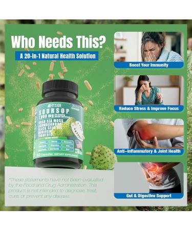 Soursop Graviola Supplement with Sea Moss, Moringa, Turmeric, Black Seed Oil, Oregano, Ashwagandha | 20-in-One Herbal extracts for Overall Health-Enhancing | Vegan, Non-GMO | 60 Capsules - Buy Online on GoSupps.com