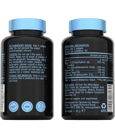 Vegan Omega 3 Capsules - High Strength DHA from Algae Oil with Flaxseed Oil Astaxanthin Vitamin E - Algae Omega 3 Vegan - 60 Easy Swallow Softgel Tablets - Sustainable Vegetarian DHA Supplements - Buy Online on GoSupps.com