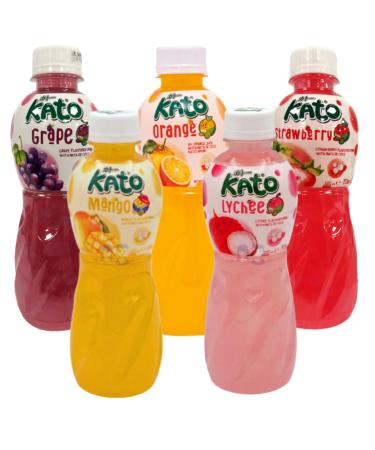 KATO Fruit Juice Drink with Nata De Coco Assorted Flavours - Pack of 5 - Orange Mango Grape Lychee Strawberry - Authentic Fruit Flavours - Chewy Nata De Coco Cubes - Refreshing On-the-Go Beverages
