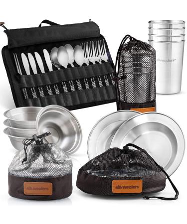 Wealers Unique Complete Messware Kit Polished Stainless Steel Dishes Set| Tableware| Dinnerware| Camping| Buffet| Includes - Cups | Plates| Bowls| Cutlery| Comes in Mesh Bags (4 Person Set) Black