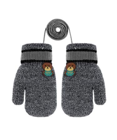 Girls Boys Cute Fox Knitting Short Full Finger Gloves Toddler Kids Winter Thermal Plush Lining Cycling Camping Gloves Mitten for 1-3 Yrs Bear/Deep Grey