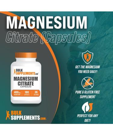 BulkSupplements Magnesium Citrate Capsules 400mg - 180 Count, Gluten Free Magnesium Supplement with Laxative Benefits - Buy Online on GoSupps.com