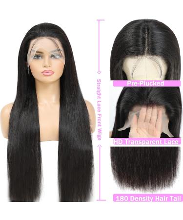 24 Inch 13x6 HD Lace Front Wig Human Hair | Pre Plucked 180 Density Straight Wig for Women | Natural Black with Baby Hair | Glueless - Buy Online on GoSupps.com