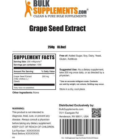 Grape Seed Extract Powder - 200mg Antioxidants Supplement - Gluten Free - 250g (8.8oz) - Buy Online on GoSupps.com