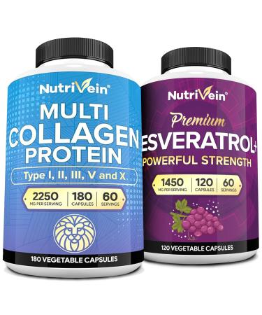 Nutrivein Premium Multi Collagen Capsules & Resveratrol Supplement Bundle: High-Absorption Trans Resveratrol Supplement & Multi Collagen Peptides Capsules for Mobility, Repair, & Well-Being