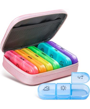 Cute Pill Organizer 3 Times a Day, Amoos PU Leather Pill Case for Women, Portable Weekly Pill Box for Purse with Storage Bag&Zipper to Hold Vitamins/Medications/Fish Oils/Supplements, Pink