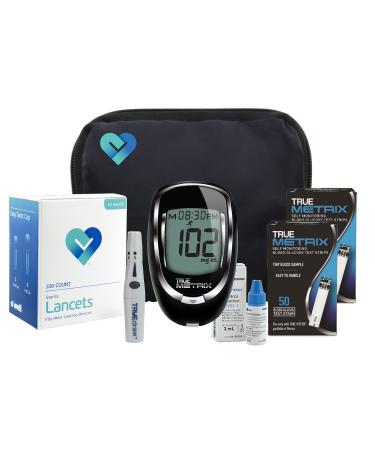 TrueMetrix Blood Glucose Testing Kit. Includes: Meter 100 Test Strips 100 Lancets Adjustable Lancing Device Control Solution Owners Log Book & Manual