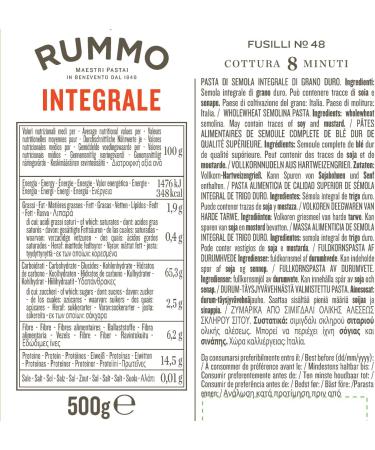 Rummo SpA Rummo Whole Wheat Fusilli Integrali No48 Nutritious Italian whole wheat pasta twisted for maximum sauce retention 500 g Pack of 1 - Buy Online on GoSupps.com