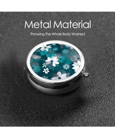 Teal Grey & White Floral Portable Metal Pill Box | Round Mini 3-Compartment | Perfect for Travel | Fastening Design | Small Pills Organizer - Buy Online on GoSupps.com