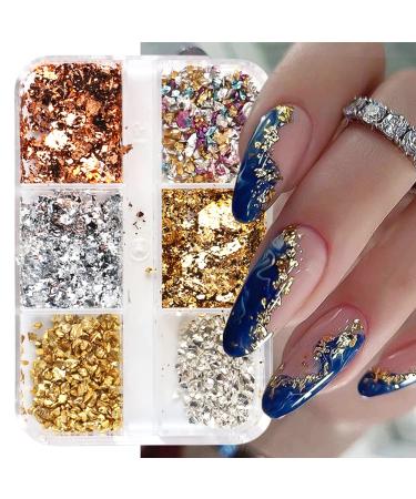 6 Colors Holographic Nail Foil Glitter Flakes  Irregular 3D Sparkly Aluminum Foil Flake Gold Silver Colorful Nail Art Design Glitter Flakes Confetti Acrylic Nail Art Supplies for Women DIY Nails P4