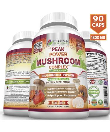 FRESH HEALTHCARE Peak Power Mushroom Supplement - 90 Vegan Capsules for Immune & Brain Support with Lions Mane, Cordyceps, Reishi, Turkey Tail, and Shiitake - Buy Online on GoSupps.com