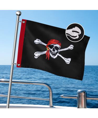 XIFAN Premium Pirate Jolly Roger Flag for Boat 12x18 Inch, Embroidered Red Bandanna Skull and Cross Bones, Heavy Duty Tough Nylon Small Mini Flags Outdoor for Yacht, with Brass Grommets/Weather and Fade Resistant