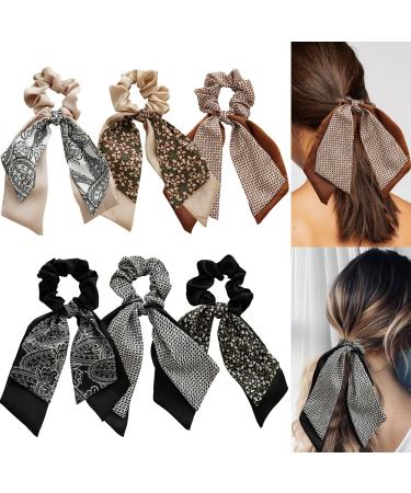 6Pcs hair bands scarves Bowknot hair hair tie for women girls double layer chiffon elastic hair tie ponytail holder hairprint bandana