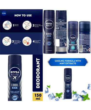 Mens Deodorant Anti-perspirant Mini Spray Bundle with Nivea Dry Active (5x35ml) and Cool Kick 48h (1x150ml) in a Clear Travel Bag Airport Approved - Buy Online on GoSupps.com